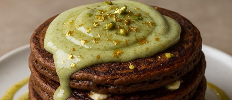 Chocolate Pistachio Lassi Pancakes with Gold Flake Matcha Cream & Chevre Swirl